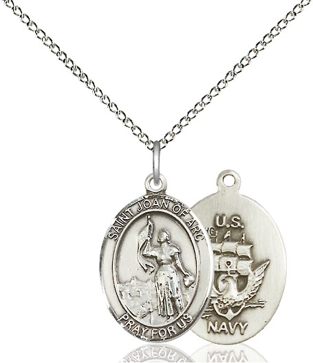 Sterling Silver Saint Joan of Arc Navy Pendant on a 18 inch Sterling Silver Light Curb chain