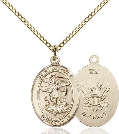 14kt Gold Filled Saint Michael Navy Pendant on a 18 inch Gold Filled Light Curb chain