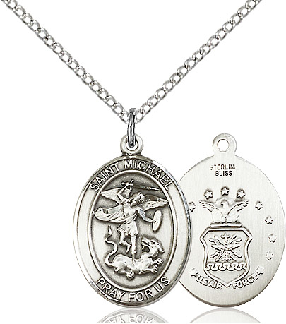 Sterling Silver Saint Michael Air Force Pendant on a 18 inch Sterling Silver Light Curb chain