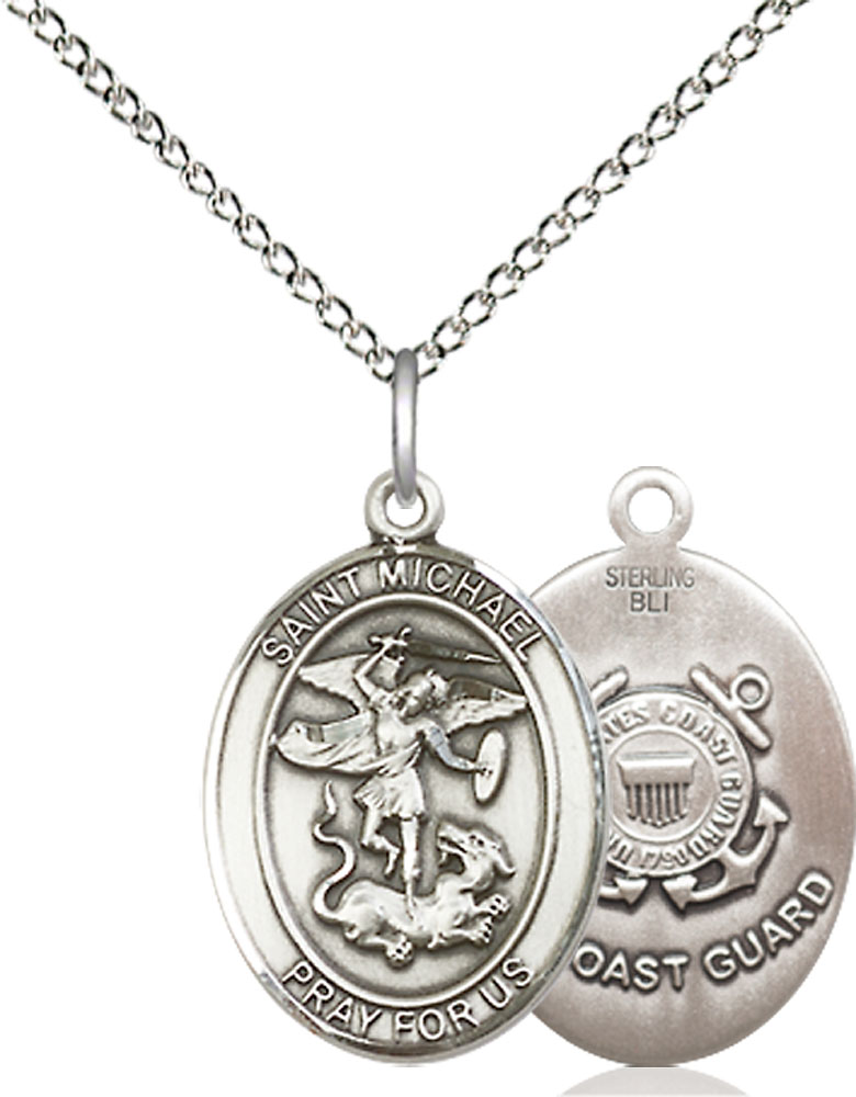 Sterling Silver Saint Michael Coast Guard Pendant on a 18 inch Sterling Silver Light Curb chain