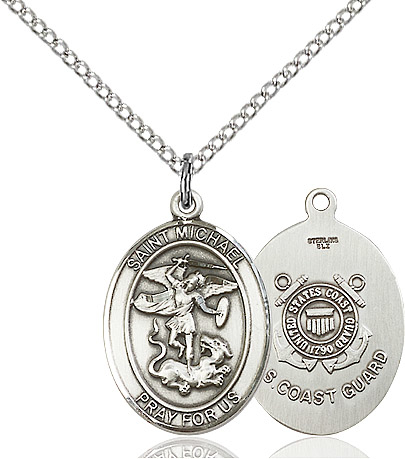 Sterling Silver Saint Michael Coast Guard Pendant on a 18 inch Sterling Silver Light Curb chain