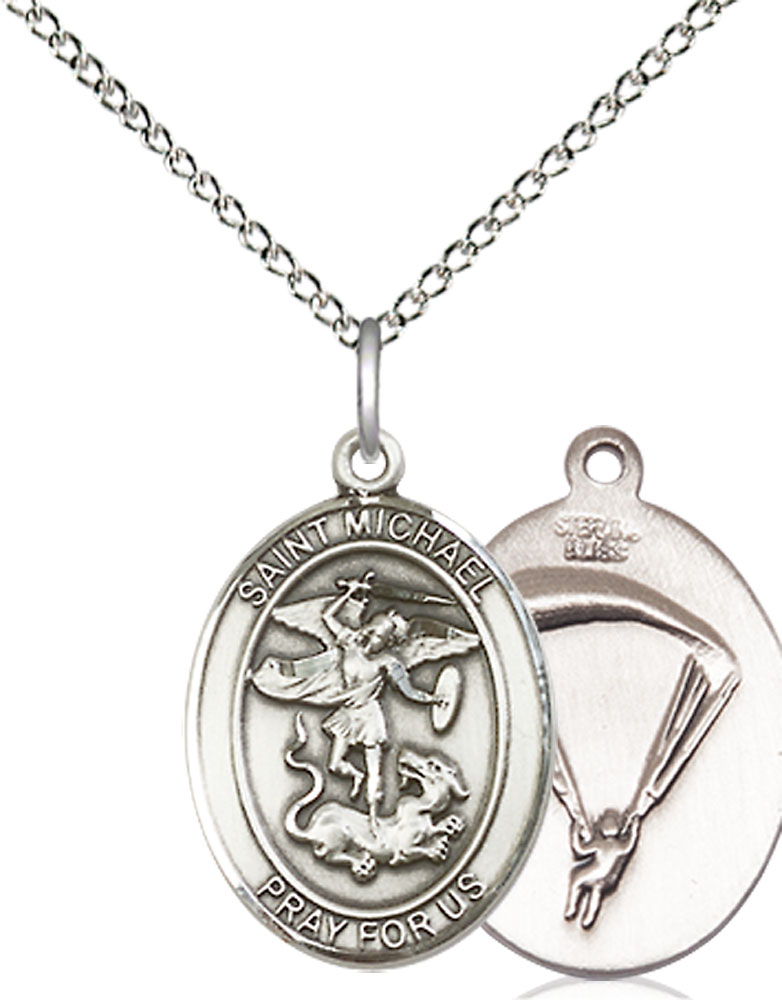 Sterling Silver Saint Michael Paratrooper Pendant on a 18 inch Sterling Silver Light Curb chain