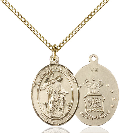 14kt Gold Filled Guardian Angel Air Force Pendant on a 18 inch Gold Filled Light Curb chain