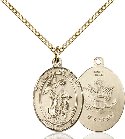 14kt Gold Filled Guardian Angel Army Pendant on a 18 inch Gold Filled Light Curb chain