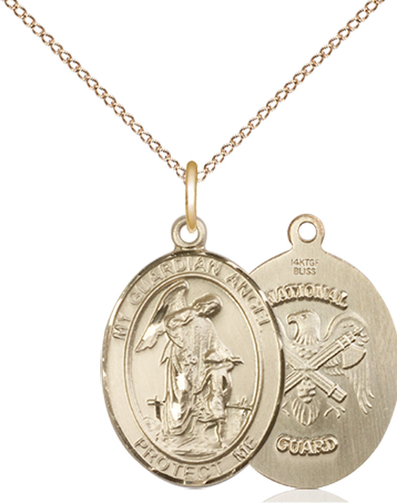 14kt Gold Filled Guardian Angel National Guard Pendant on a 18 inch Gold Filled Light Curb chain