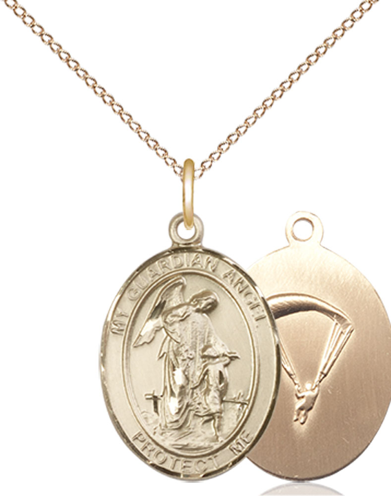 14kt Gold Filled Guardian Angel Paratrooper Pendant on a 18 inch Gold Filled Light Curb chain