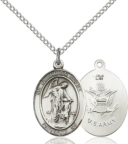 Sterling Silver Guardian Angel Army Pendant on a 18 inch Sterling Silver Light Curb chain