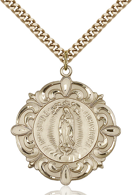 14kt Gold Filled Our Lady of Guadalupe Pendant on a 24 inch Gold Plate Heavy Curb chain