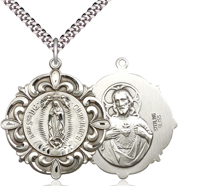 Sterling Silver Our Lady of Guadalupe Pendant on a 24 inch Light Rhodium Heavy Curb chain