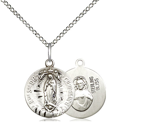 Sterling Silver Our Lady of Guadalupe Pendant on a 18 inch Sterling Silver Light Curb chain