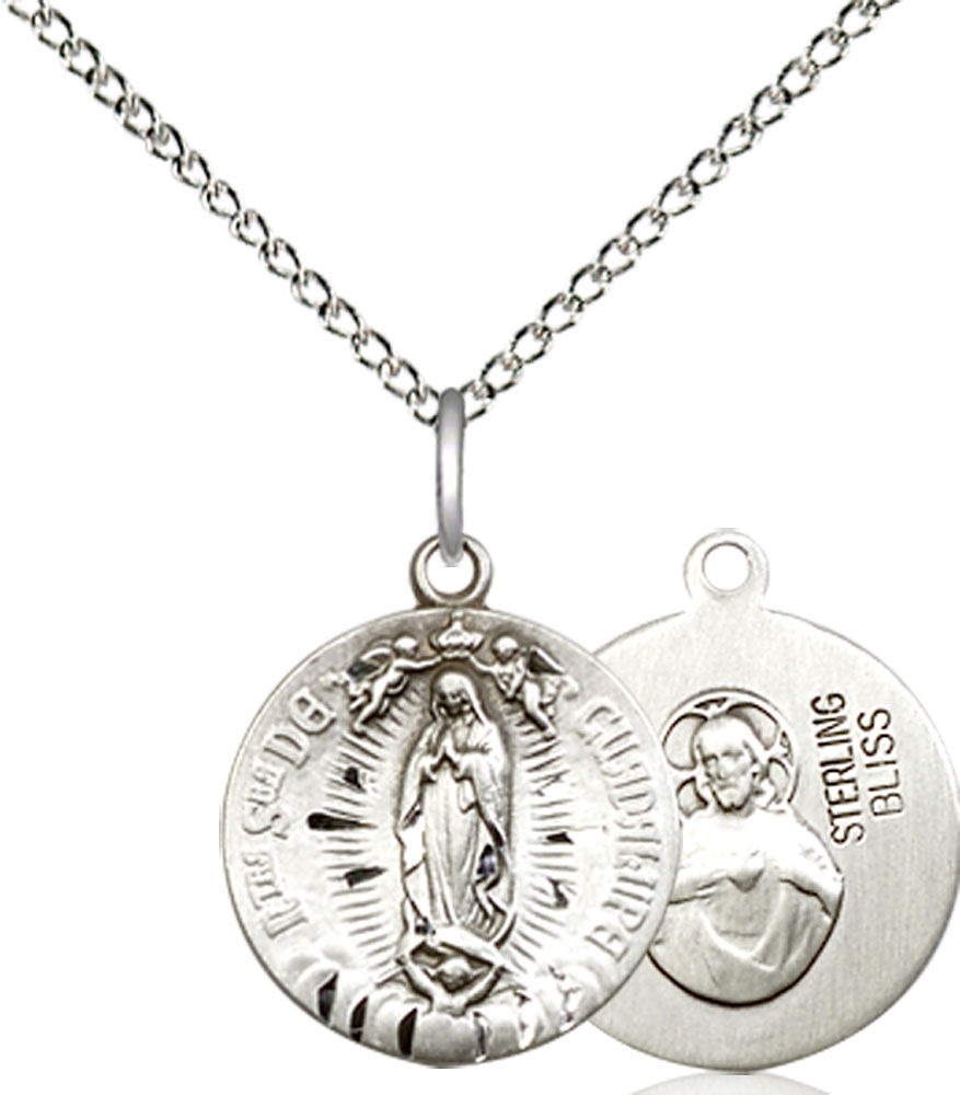 Sterling Silver Our Lady of Guadalupe Pendant on a 18 inch Sterling Silver Light Curb chain