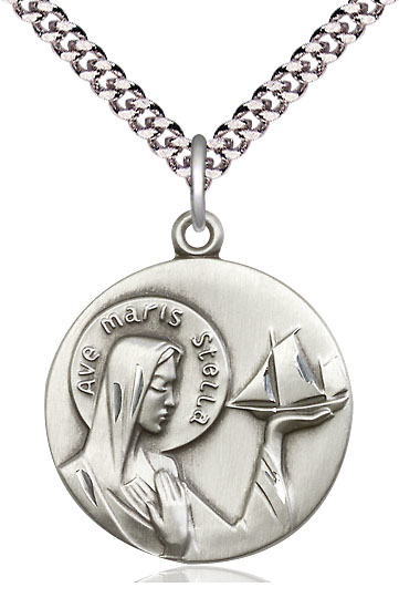 Sterling Silver Our Lady Star of the Sea Pendant on a 24 inch Light Rhodium Heavy Curb chain