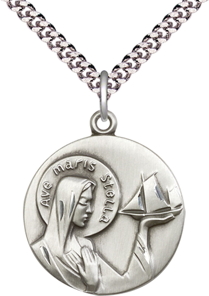 Sterling Silver Our Lady Star of the Sea Pendant on a 24 inch Light Rhodium Heavy Curb chain