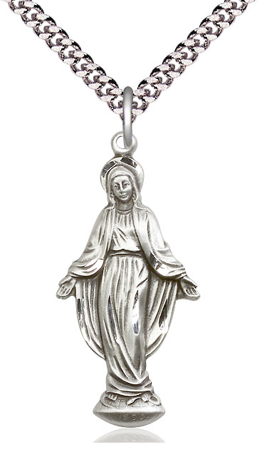 Sterling Silver Miraculous Pendant on a 24 inch Light Rhodium Heavy Curb chain