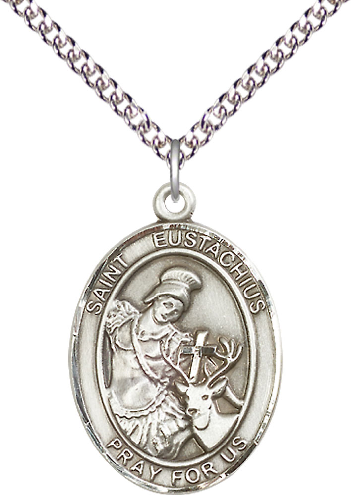 Sterling Silver Saint Eustachius Pendant on a 24 inch Sterling Silver Heavy Curb chain