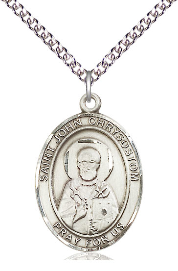 Sterling Silver Saint John Chrysostom Pendant on a 24 inch Sterling Silver Heavy Curb chain