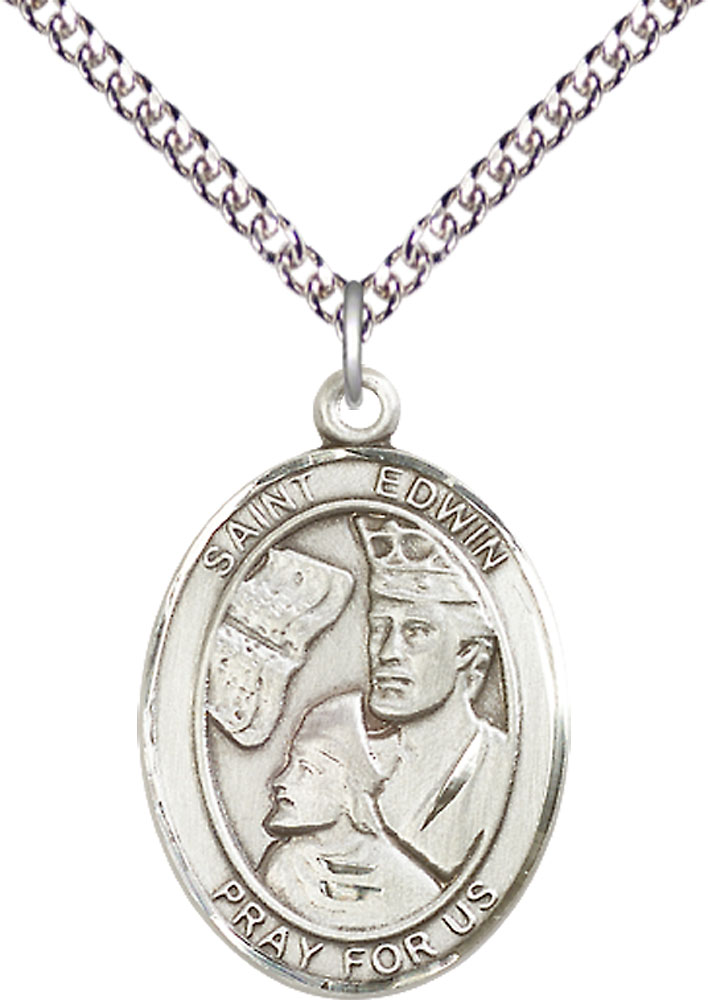 Sterling Silver Saint Edwin Pendant on a 24 inch Sterling Silver Heavy Curb chain