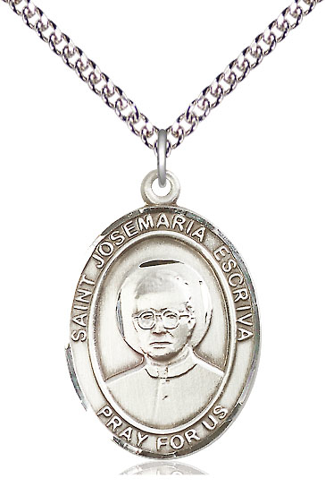 Sterling Silver Saint Josemaria Escriva Pendant on a 24 inch Sterling Silver Heavy Curb chain