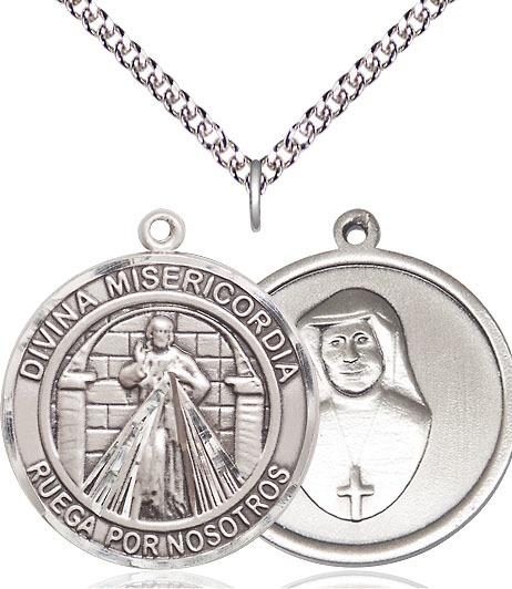 Sterling Silver Divina Misericordia Pendant on a 24 inch Sterling Silver Heavy Curb chain