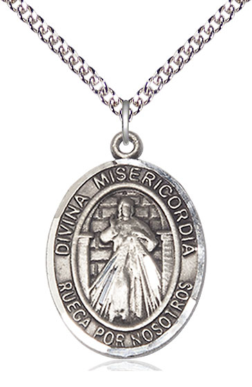 Sterling Silver Divina Misericordia Pendant on a 24 inch Sterling Silver Heavy Curb chain