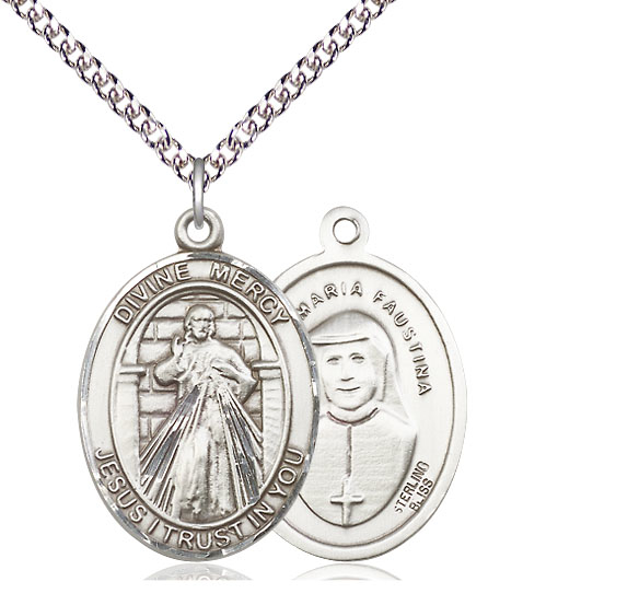 Sterling Silver Divine Mercy Pendant on a 24 inch Sterling Silver Heavy Curb chain
