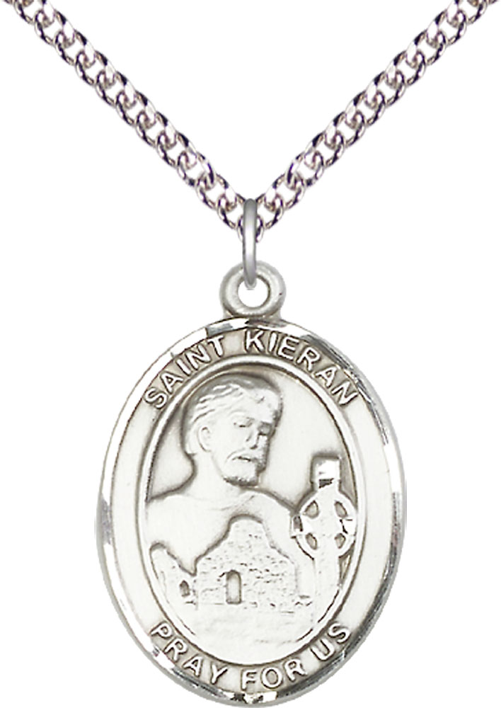 Sterling Silver Saint Kieran Pendant on a 24 inch Sterling Silver Heavy Curb chain