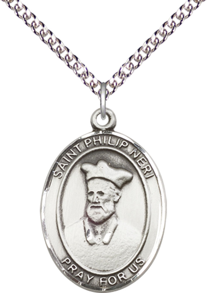 Sterling Silver Saint Philip Neri Pendant on a 24 inch Sterling Silver Heavy Curb chain