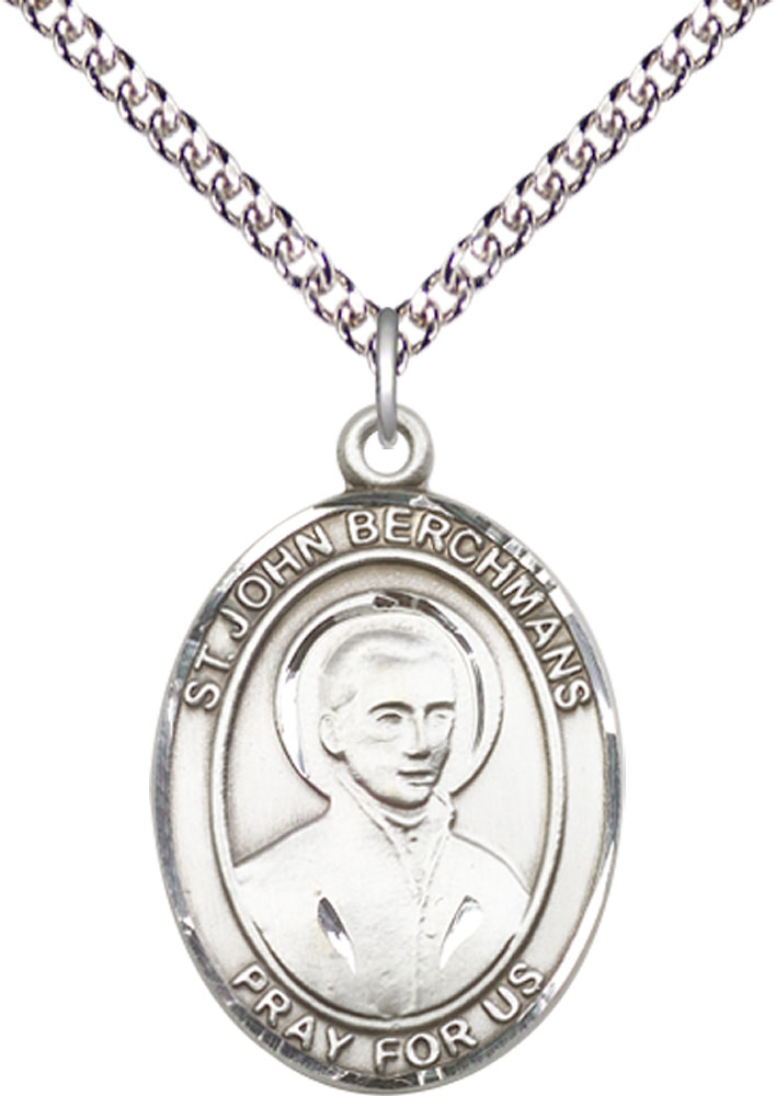 Sterling Silver Saint John Berchmans Pendant on a 24 inch Sterling Silver Heavy Curb chain