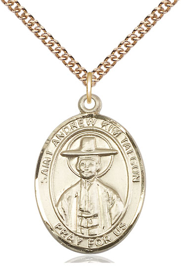 14kt Gold Filled Saint Andrew Kim Taegon Pendant on a 24 inch Gold Filled Heavy Curb chain