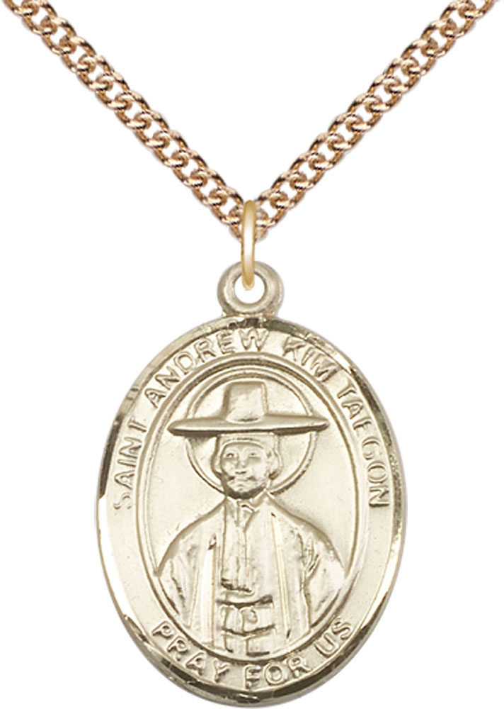 14kt Gold Filled Saint Andrew Kim Taegon Pendant on a 24 inch Gold Filled Heavy Curb chain