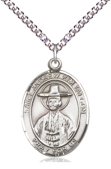 Sterling Silver Saint Andrew Kim Taegon Pendant on a 24 inch Sterling Silver Heavy Curb chain