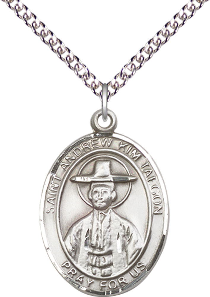 Sterling Silver Saint Andrew Kim Taegon Pendant on a 24 inch Sterling Silver Heavy Curb chain
