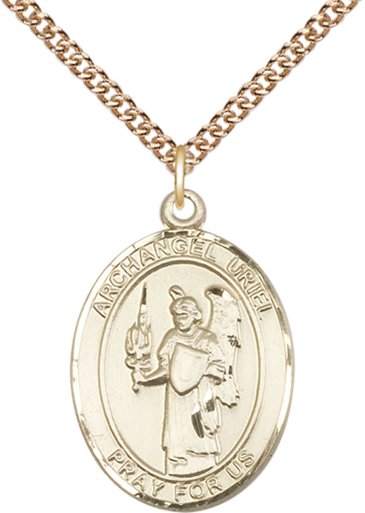 14kt Gold Filled Saint Uriel the Archangel Pendant on a 24 inch Gold Filled Heavy Curb chain