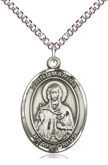 Sterling Silver Saint Marina Pendant on a 24 inch Sterling Silver Heavy Curb chain