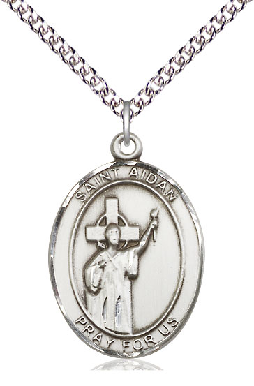 Sterling Silver Saint Aidan of Lindesfarne Pendant on a 24 inch Sterling Silver Heavy Curb chain