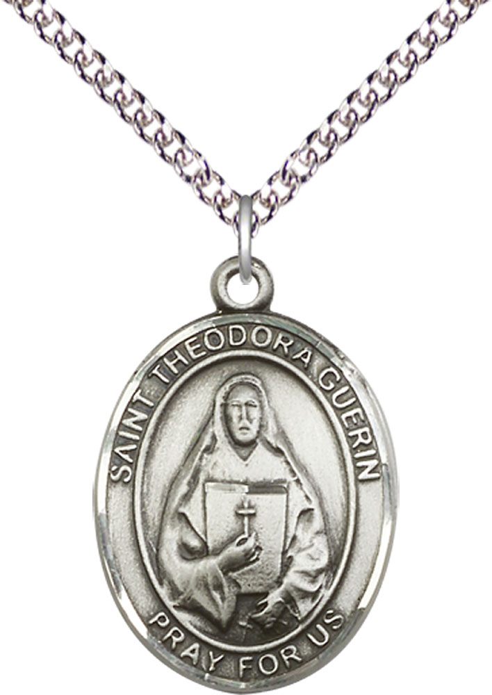 Sterling Silver Saint Theodora Pendant on a 24 inch Sterling Silver Heavy Curb chain