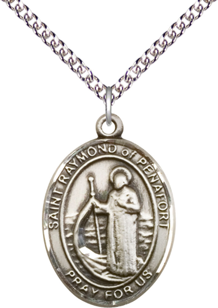 Sterling Silver Saint Raymond of Penafort Pendant on a 24 inch Sterling Silver Heavy Curb chain