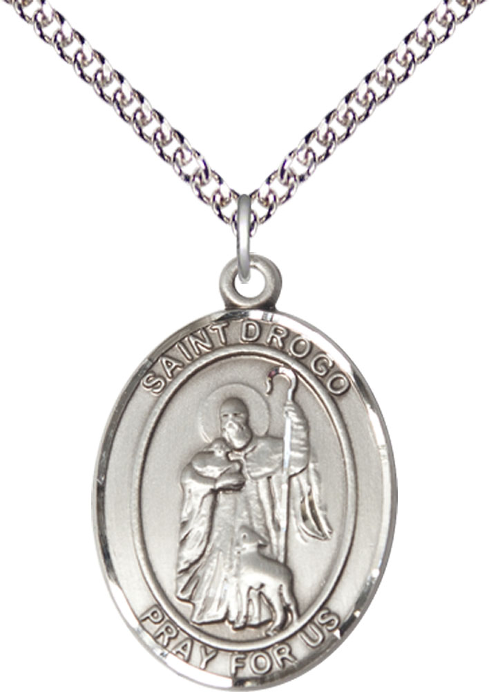 Sterling Silver Saint Drogo Pendant on a 24 inch Sterling Silver Heavy Curb chain