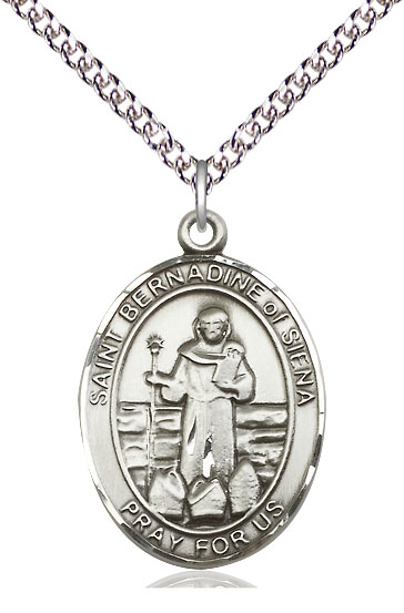 Sterling Silver Saint Bernadine of Sienna Pendant on a 24 inch Sterling Silver Heavy Curb chain