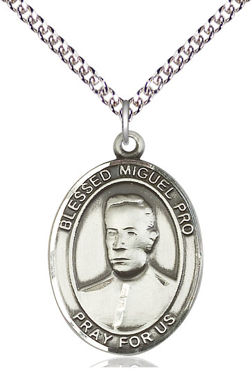 Sterling Silver Blessed Miguel Pro Pendant on a 24 inch Sterling Silver Heavy Curb chain