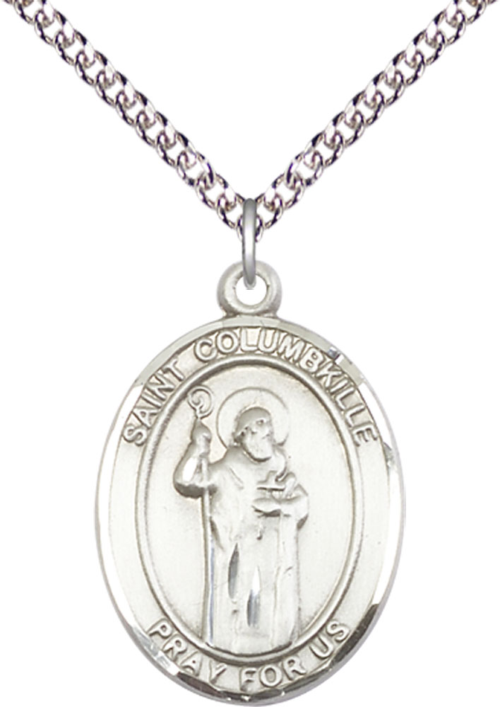 Sterling Silver Saint Columbkille Pendant on a 24 inch Sterling Silver Heavy Curb chain
