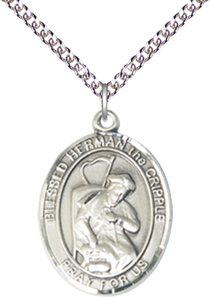 Sterling Silver Blessed Herman the Cripple Pendant on a 24 inch Sterling Silver Heavy Curb chain