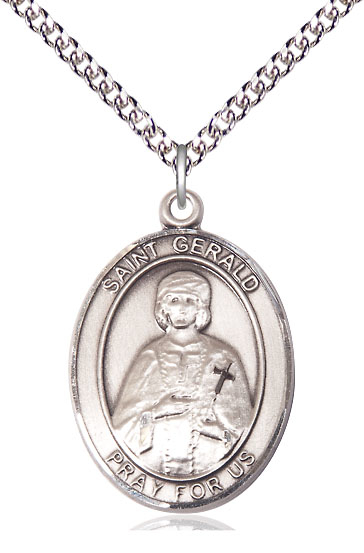 Sterling Silver Saint Gerald Pendant on a 24 inch Sterling Silver Heavy Curb chain