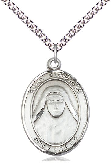 Sterling Silver Saint Alphonsa Pendant on a 24 inch Sterling Silver Heavy Curb chain