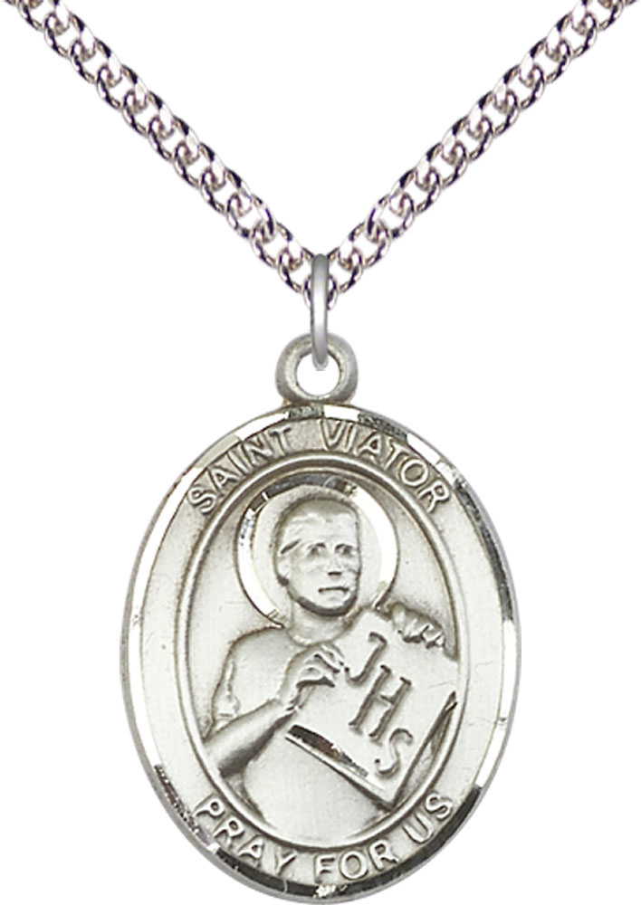 Sterling Silver Saint Viator of Bergamo Pendant on a 24 inch Sterling Silver Heavy Curb chain