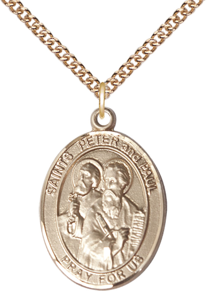 14kt Gold Filled Saint Peter St Paul Pendant on a 24 inch Gold Filled Heavy Curb chain