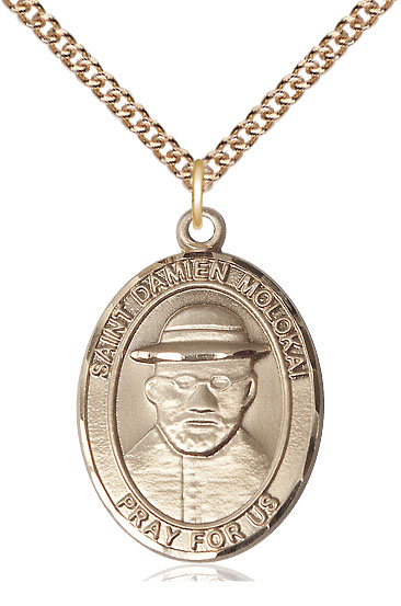 14kt Gold Filled Saint Damien of Molokai Pendant on a 24 inch Gold Filled Heavy Curb chain