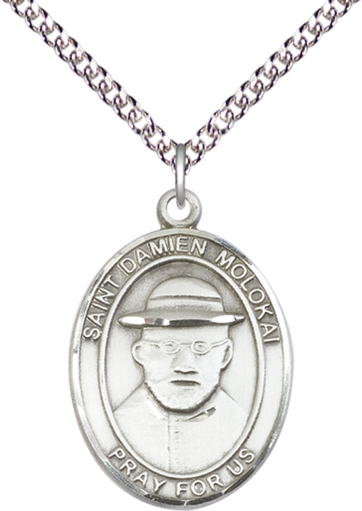 Sterling Silver Saint Damien of Molokai Pendant on a 24 inch Sterling Silver Heavy Curb chain