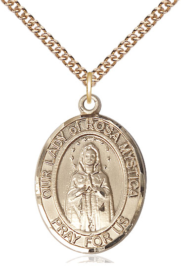 14kt Gold Filled Our Lady of Rosa Mystica Pendant on a 24 inch Gold Filled Heavy Curb chain