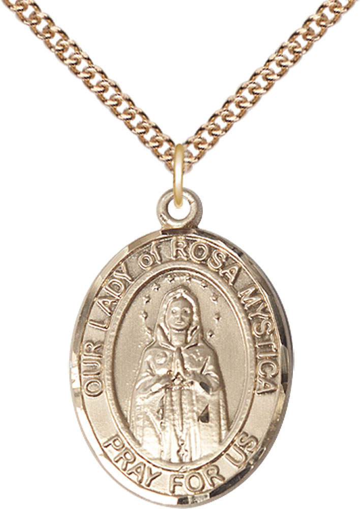 14kt Gold Filled Our Lady of Rosa Mystica Pendant on a 24 inch Gold Filled Heavy Curb chain